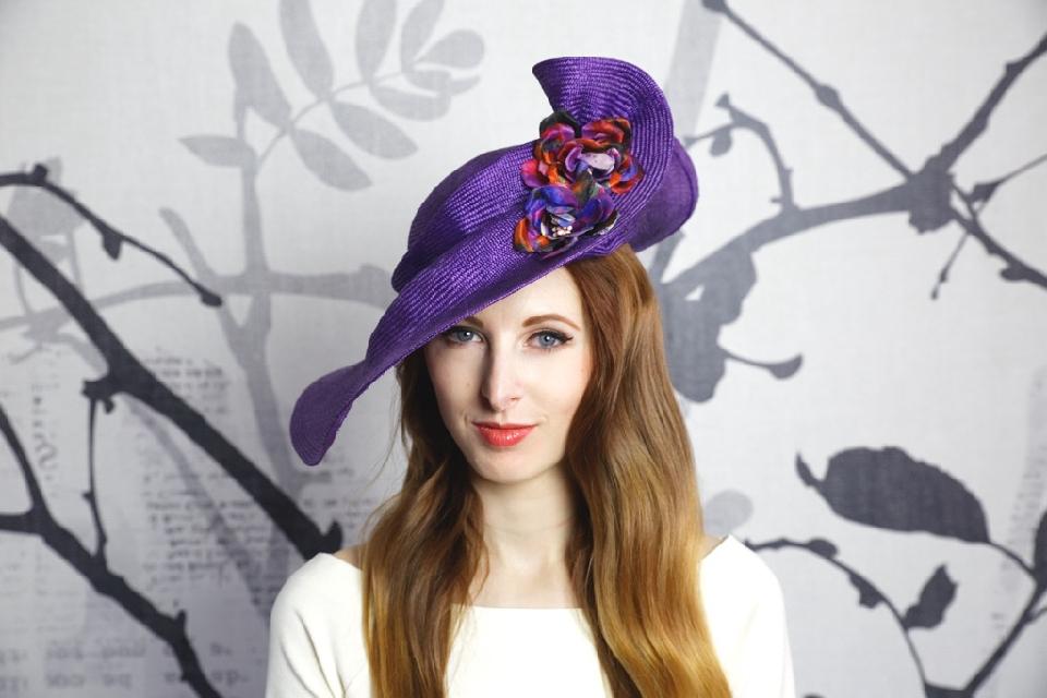 IMAGE - Dark purple parasisal straw hat with handshaped brim and handmade silk flowers, size 55.