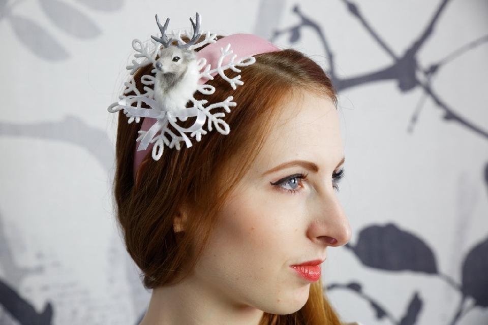 IMAGE - Pink satin headband with glittered snowflake and deerhead. 