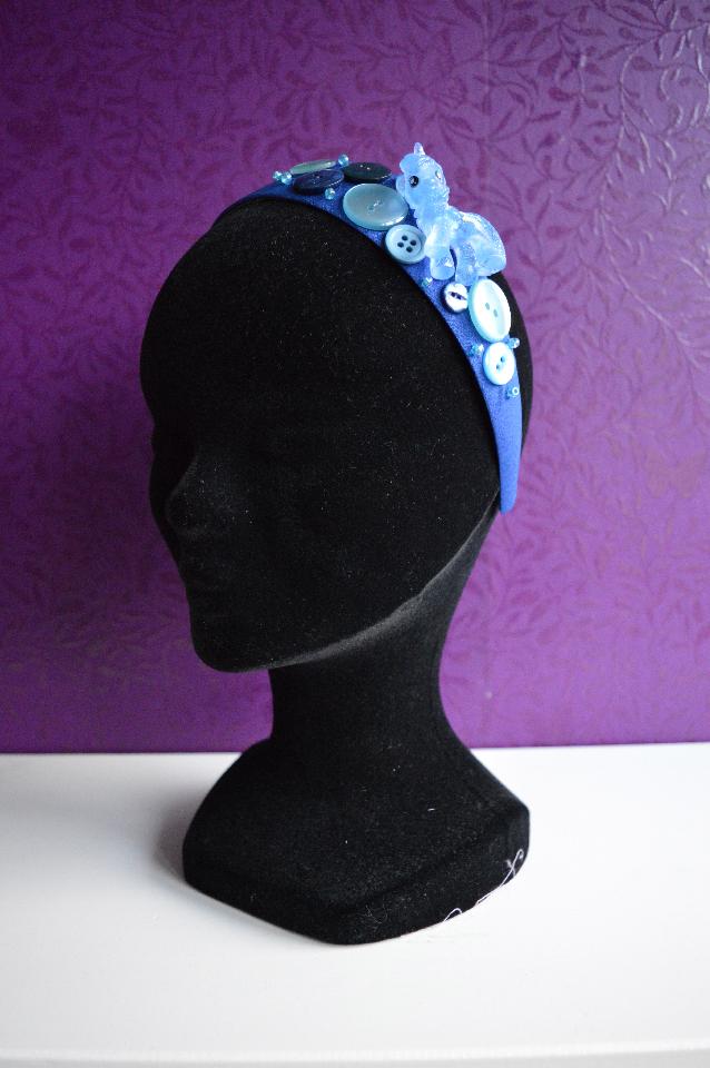 IMAGE - Blue headband with blue glittered pony and buttons.