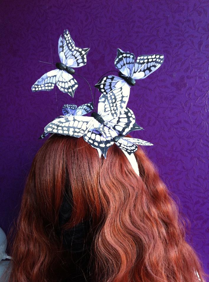 IMAGE - White satin headband with purple butterflies.