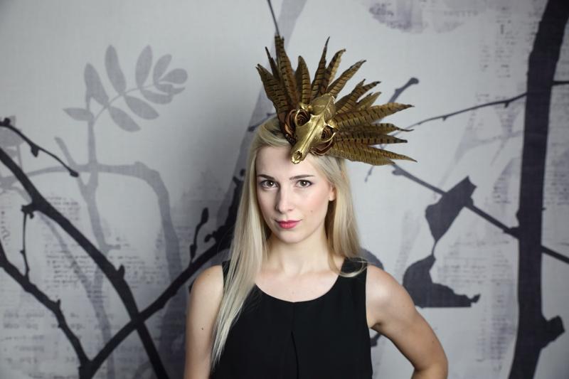 IMAGE - Fascinator with real gold painted fox skull, brown ribbon flowers and lots of real pheasant feathers. Secures with both a comb and elastic that runs behind the head.